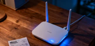 A WiFi router on a desk at night illustrating why Turning Off WiFi at Night Saves very little electricity