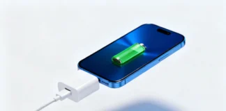 Smartphone in airplane mode charges faster with USB-C cable on white background