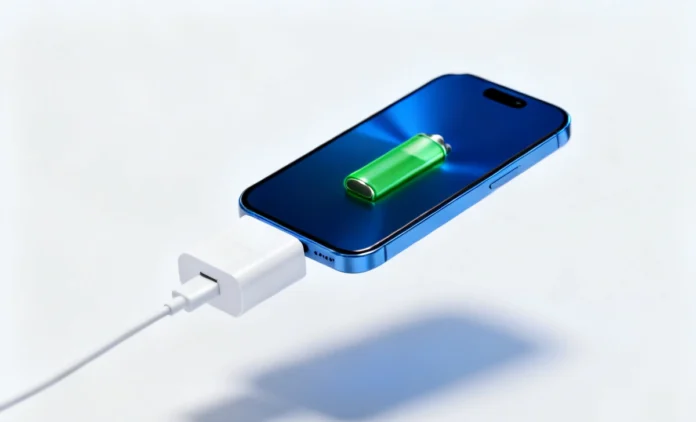 airplane-mode-charges-phone-faster Smartphone in airplane mode charges faster with USB-C cable on white background