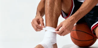 Athlete applying ankle taping for ankle sprain prevent sports