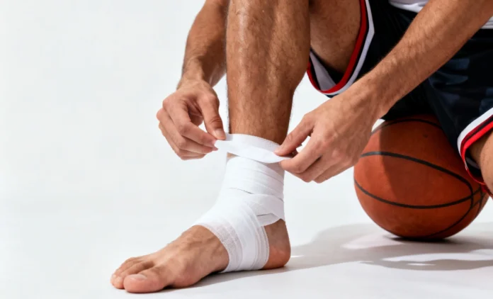 ankle-sprain-prevention-sports-taping Athlete applying ankle taping for ankle sprain prevent sports