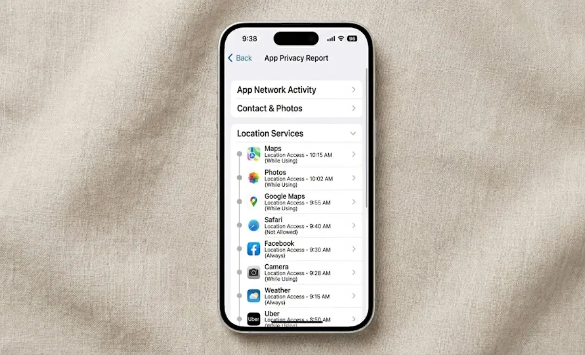 iOS App Privacy Report showing app location access check timeline with app names and timestamps