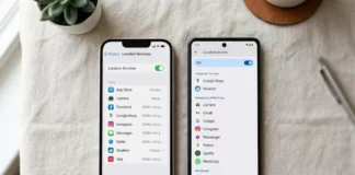 App location access check settings screen on iPhone and Android showing location permissions list