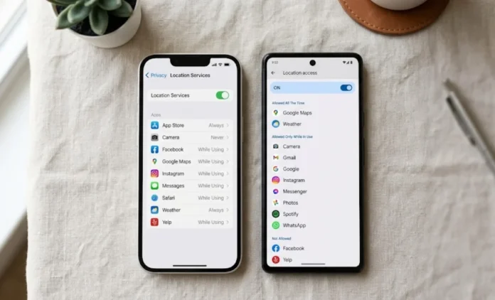 App location access check settings screen on iPhone and Android showing location permissions list