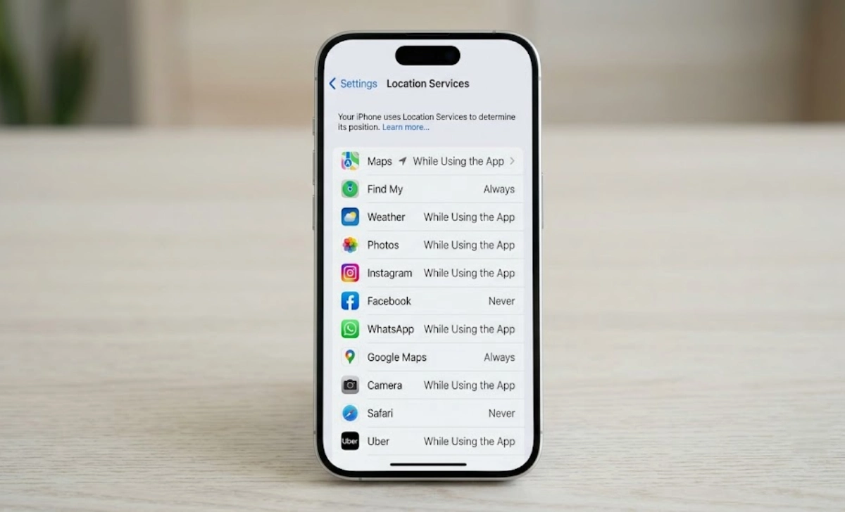 iPhone Location Services screen showing app location access check with Never While Using and Always labels
