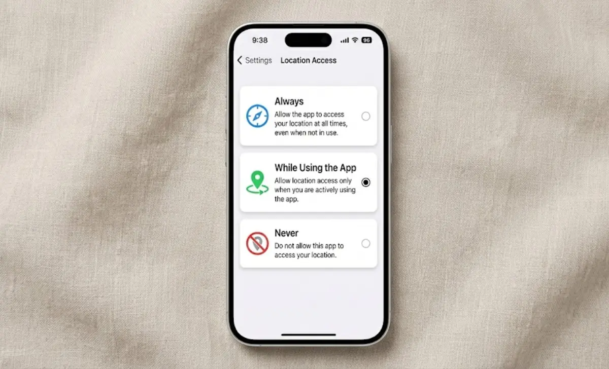 App location access check permission levels showing Always While Using and Never options on smartphone screen