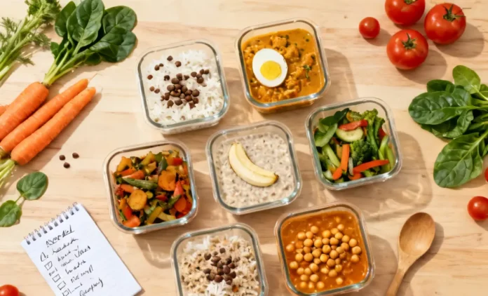 Balanced weekly meal plan prep containers with home-cooked budget meals on a wooden table