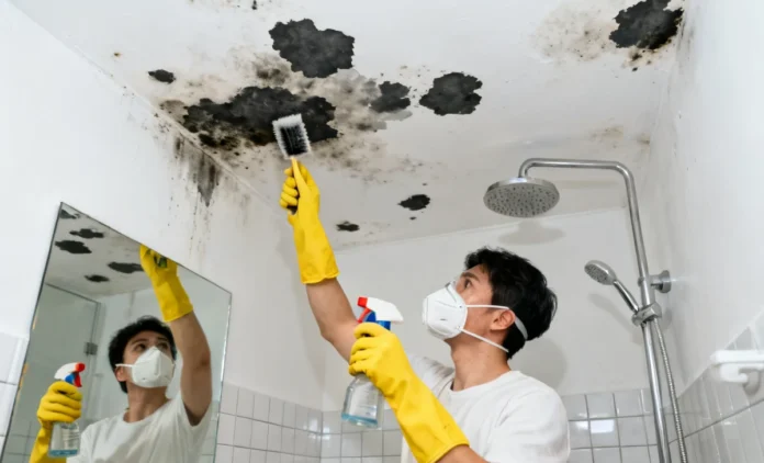 Person removing mold from bathroom ceiling using non-toxic spray — bathroom ceiling mold removal guide