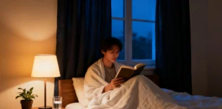 A person reading a book in a calm, dimly lit bedroom as part of a bedtime routine for better sleep