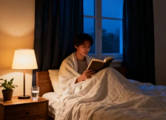 Bedtime Routine for Better Sleep: 7 Proven Steps That Actually Work A person reading a book in a calm, dimly lit bedroom as part of a bedtime routine for better sleep