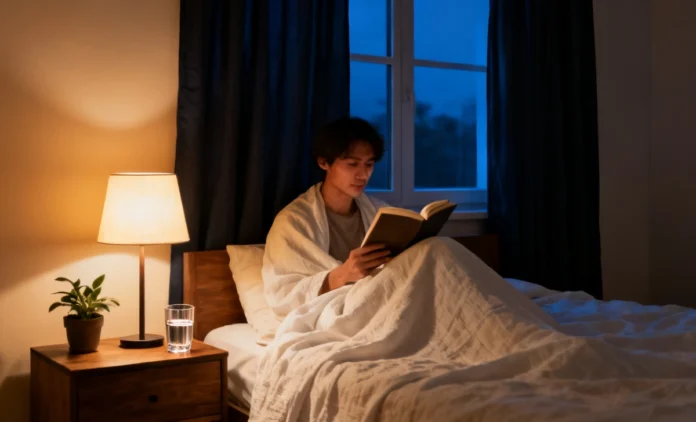 A person reading a book in a calm, dimly lit bedroom as part of a bedtime routine for better sleep