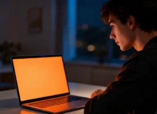 How to Block Blue Light Devices Without Glasses (2026 Guide) Person using laptop with warm night mode to block blue light devices