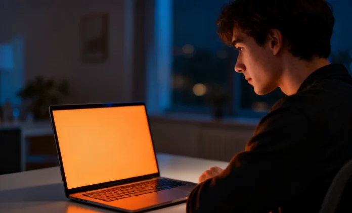 block-blue-light-devices Person using laptop with warm night mode to block blue light devices