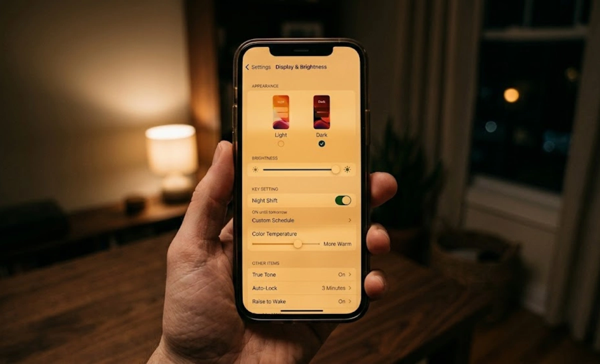 Smartphone screen showing Night Shift setting turned on to block blue light devices from phone display at night