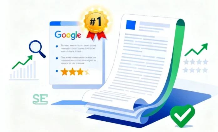 Flat illustration showing blog post ranking factors — short focused content outranking long articles on Google in 2026