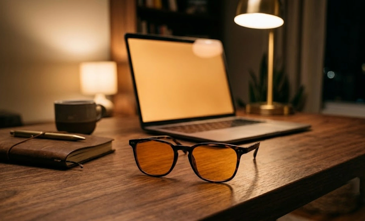 Amber-tinted blue light blocking glasses on a desk in front of a laptop screen showing how glasses help block blue light devices