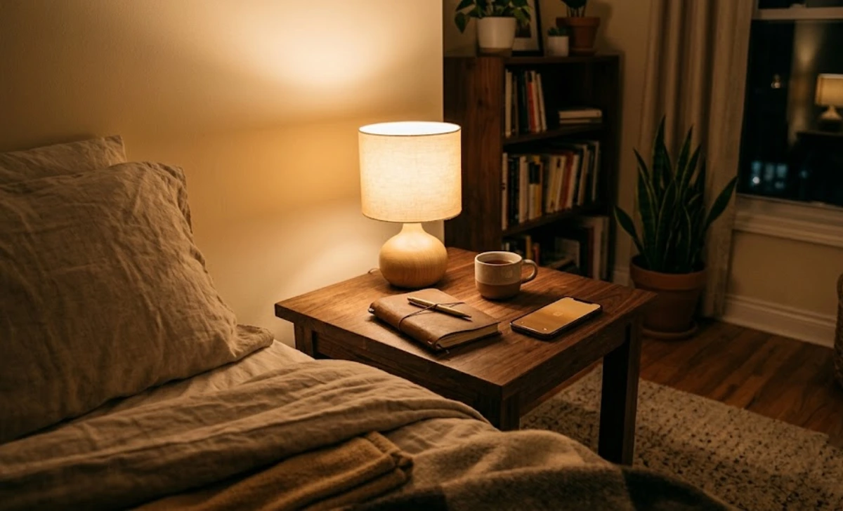 A cozy bedroom at night with a warm amber bedside lamp and a phone with blue light filter on to reduce evening screen exposure