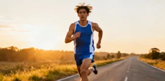 breathing techniques while running — runner on open road with proper posture and controlled breath