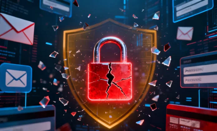 check-data-breach-exposure Check data breach exposure — cracked padlock with leaked data icons on dark background