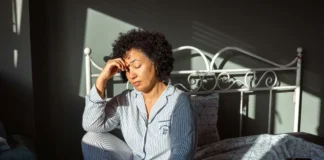 Person showing signs of chronic fatigue physical mental — split image of body exhaustion and brain fog side by side