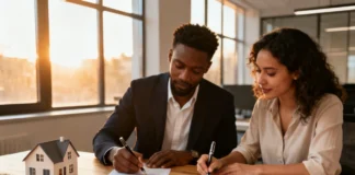 Couple signing closing costs real estate documents with agent in modern office