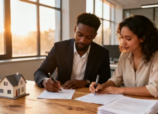 Closing Costs Real Estate: Who Pays & How to Save in 2026 Couple signing closing costs real estate documents with agent in modern office