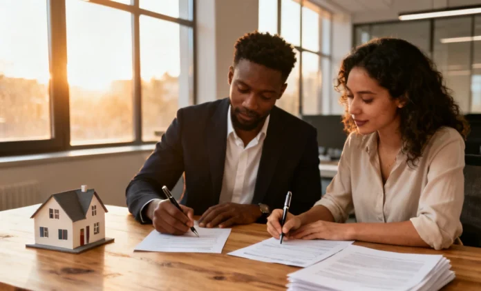 Couple signing closing costs real estate documents with agent in modern office