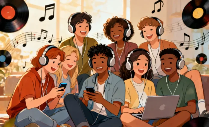 Diverse group of people wearing headphones enjoying international music, representing how to discover music without language barriers