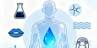 Early signs of dehydration illustration showing dark urine, dry lips, fatigue, and headache symptoms
