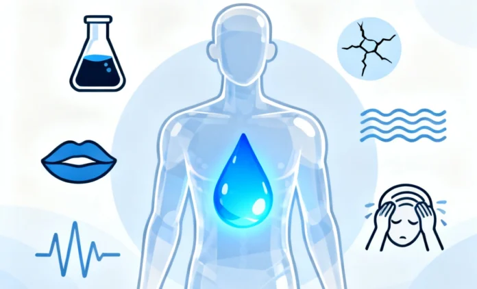 Early Signs of Dehydration — Visual Symptom Guide Early signs of dehydration illustration showing dark urine, dry lips, fatigue, and headache symptoms