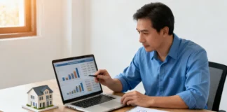 A landlord reviewing Determine a Fair Rental Price data on a laptop next to a small model house, representing fair rental price research in 2026.