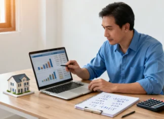 How to Determine a Fair Rental Price for Your Property (2026 Guide) A landlord reviewing Determine a Fair Rental Price data on a laptop next to a small model house, representing fair rental price research in 2026.