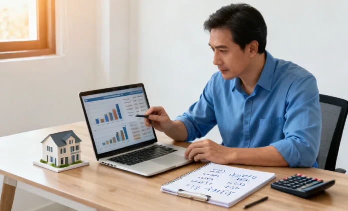 fair-rental-price-guide-2026 A landlord reviewing Determine a Fair Rental Price data on a laptop next to a small model house, representing fair rental price research in 2026.