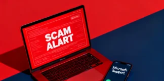 Fake tech support scam pop-up alert on laptop screen with incoming scam call