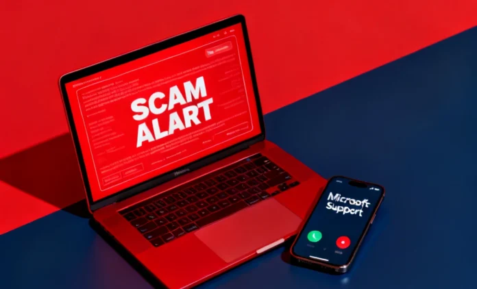 Fake tech support scam pop-up alert on laptop screen with incoming scam call