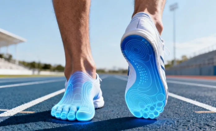 Flat feet sports performance biomechanics comparison showing arch pressure zones in athletes
