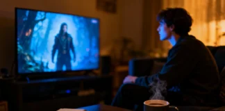 A person taking notes while watching a complex TV series on a large screen in a dark living room — tips to follow complex TV series weekly