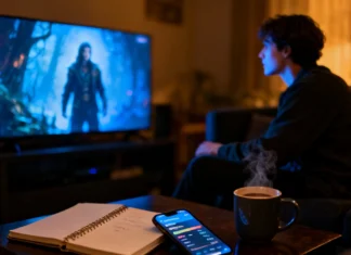 How to Follow Complex TV Series Weekly Without Forgetting the Plot A person taking notes while watching a complex TV series on a large screen in a dark living room — tips to follow complex TV series weekly