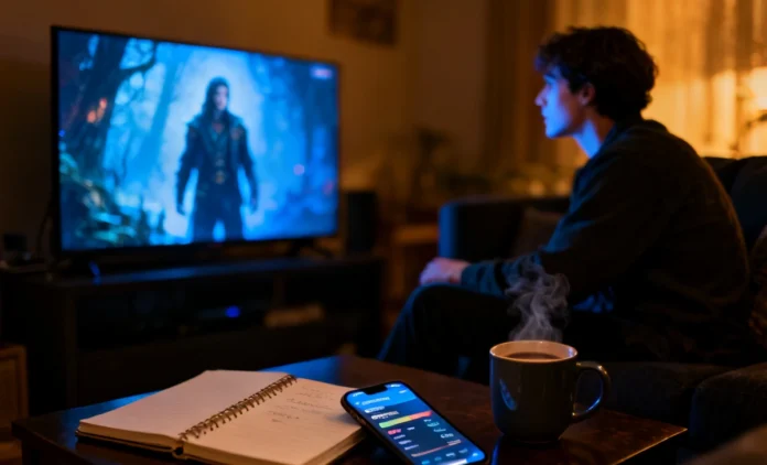 follow-complex-tv-series-weekly-guide A person taking notes while watching a complex TV series on a large screen in a dark living room — tips to follow complex TV series weekly