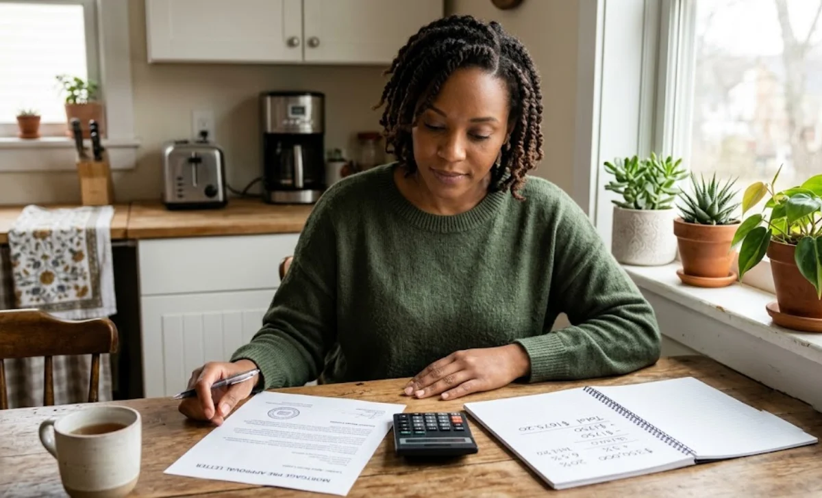 Home buyer reviewing pre-approval letter to negotiate lower price buying home