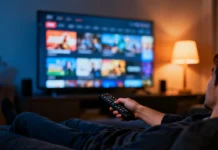 How to Find Movies & Shows You’ll Love Without Endless Scrolling Person holding TV remote looking frustrated while browsing streaming platforms on a dark evening