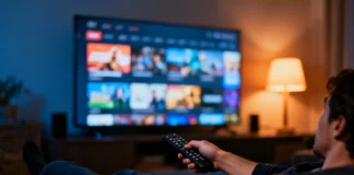 How to Find Movies & Shows You’ll Love Without Endless Scrolling Person holding TV remote looking frustrated while browsing streaming platforms on a dark evening