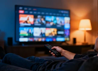 How to Find Movies & Shows You’ll Love Without Endless Scrolling Person holding TV remote looking frustrated while browsing streaming platforms on a dark evening