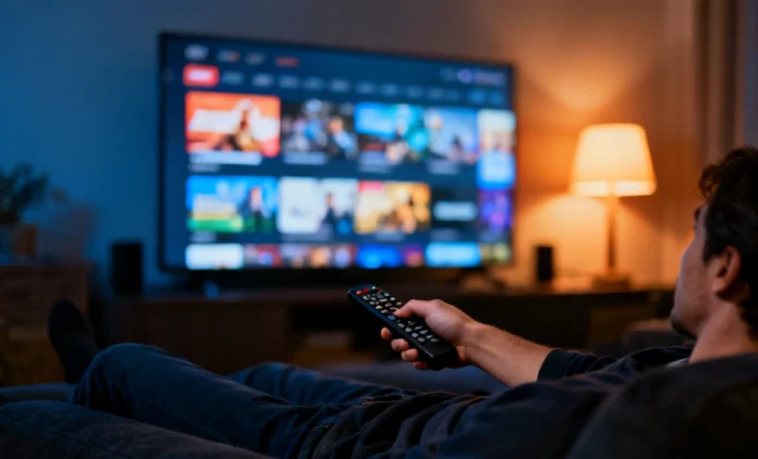 Person holding TV remote looking frustrated while browsing streaming platforms on a dark evening