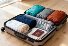 How to Pack a Carry-On Bag for a Two-Week Trip (Step-by-Step Guide) Pack a Carry-On Bag for a Two-Week Trip with rolled clothes, packing cubes, and travel essentials on a wooden floor
