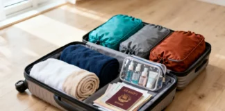How to Pack a Carry-On Bag for a Two-Week Trip (Step-by-Step Guide) Pack a Carry-On Bag for a Two-Week Trip with rolled clothes, packing cubes, and travel essentials on a wooden floor