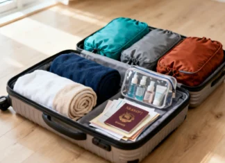 How to Pack a Carry-On Bag for a Two-Week Trip (Step-by-Step Guide) Pack a Carry-On Bag for a Two-Week Trip with rolled clothes, packing cubes, and travel essentials on a wooden floor