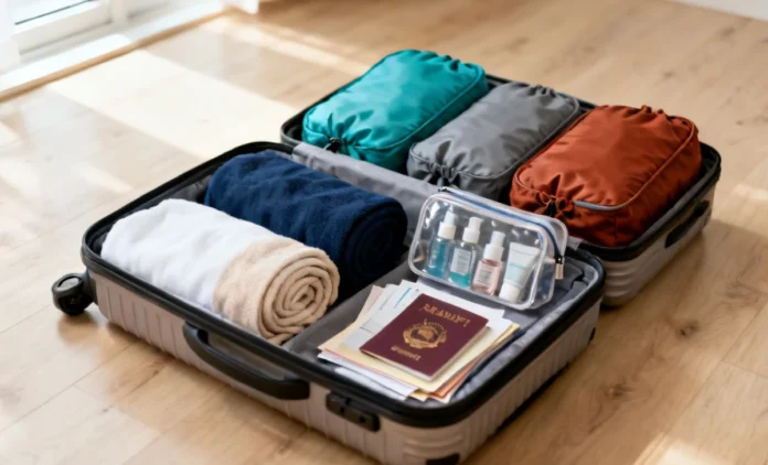 Pack a Carry-On Bag for a Two-Week Trip with rolled clothes, packing cubes, and travel essentials on a wooden floor
