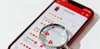 A magnifying glass over a smartphone screen revealing fake five-star reviews — learn how to spot fake online reviews before buying