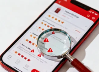 How to Spot Fake Online Reviews Before Buying (2026 Guide) A magnifying glass over a smartphone screen revealing fake five-star reviews — learn how to spot fake online reviews before buying